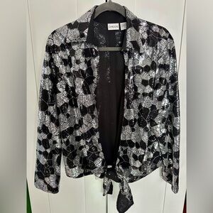 Chico's Twilight Dazzle Tropez Jacket Sequin Tie Front Black Silver Sparkle Sz 3